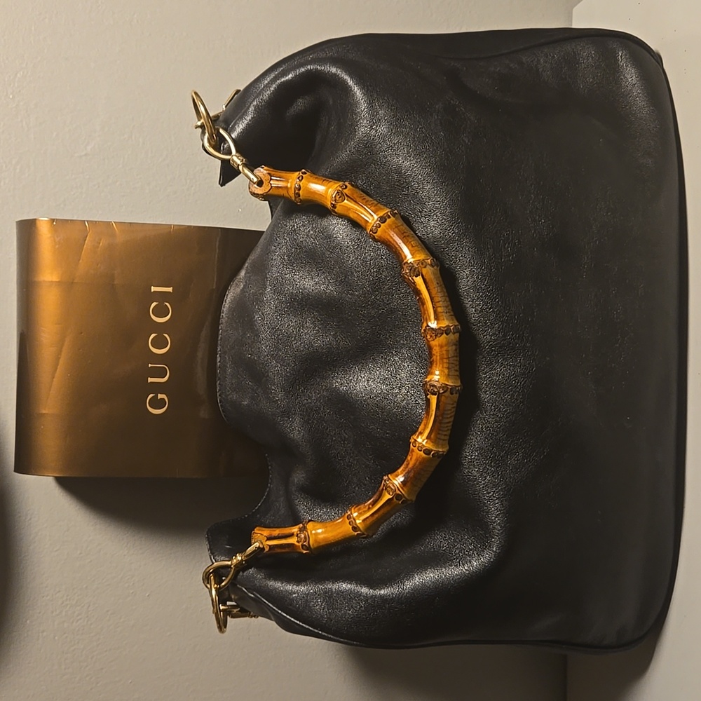 xsold x Gucci Black Shoulder Bag with Gold Bamboo Handle